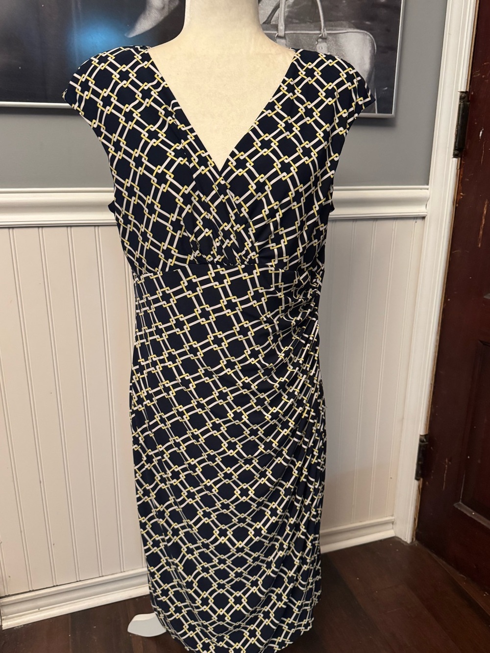 Lauren Ralph Lauren Sheath Dress Navy Yellow White Geometric Chain Link Size 14